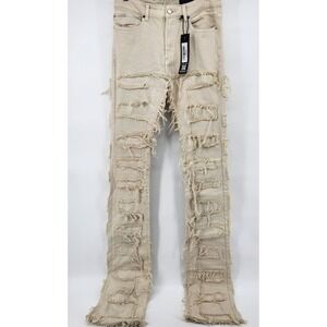 Rockstar Original Mens Jean Beige Size 32 Super Stacked Flare Jeans Distressed